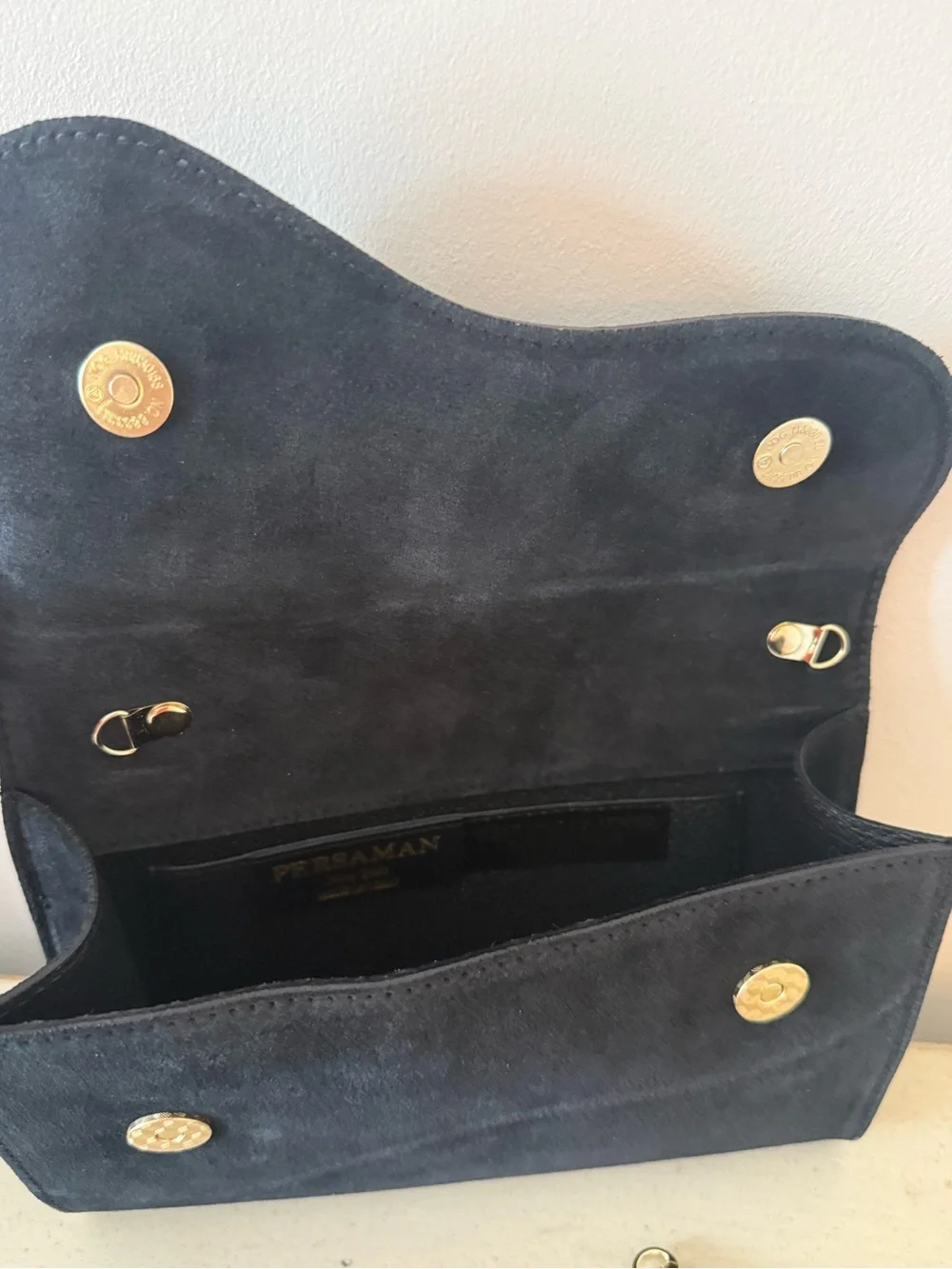 Persaman New York Dora Suede Clutch with Gold Chain - Never Used